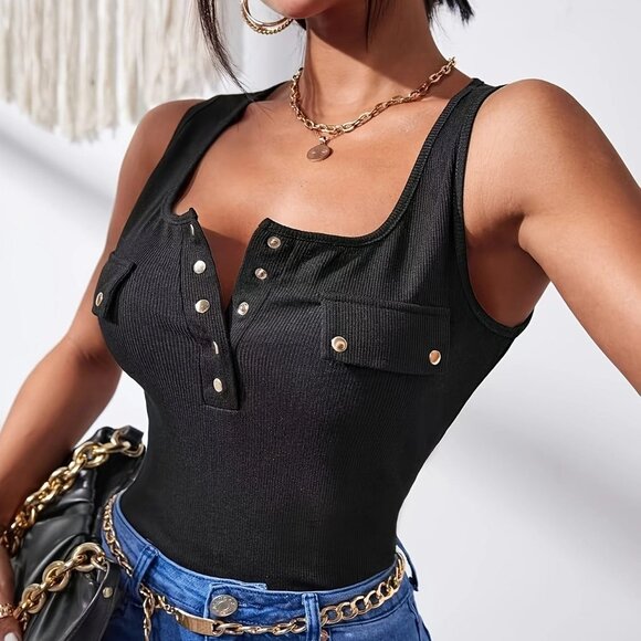Black casual style women's sleeveless fitted metal-button round-neck top - Picture 1 of 4